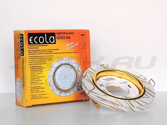 Встраиваемый светильник Ecola GX53 H4 Glass золото со стеклянной круглой
вкладкой 
золото на белом