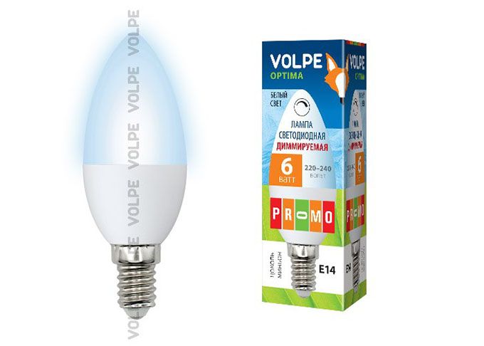 Диммируемая светодиодная лампа Volpe Optima DIM свеча LED 6W C37 E14 
4500K (матовое стекло)