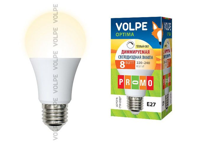 Диммируемая светодиодная лампа Volpe Optima DIM шар LED 8W A60 E27 3000K 
(матовое стекло)