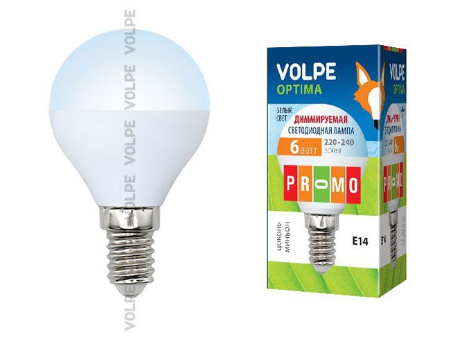 Диммируемая светодиодная лампа Volpe Optima DIM шар LED 6W G45 E14 4500K 
(матовое стекло)