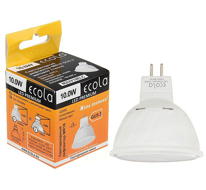 Светодиодная лампа Ecola рефлектор MR16 LED Premium 10W GU5.3 матовое 
стекло 
(композит) 4200K