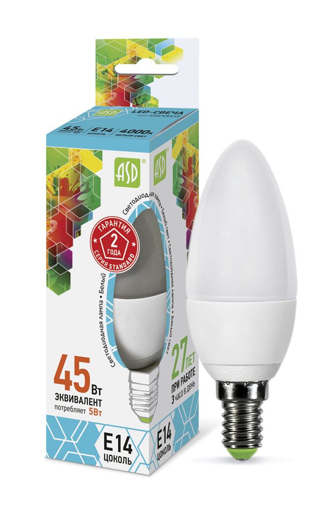 Светодиодная лампа ASD Standard свеча LED 5W C37 E14 4000K (матовая)