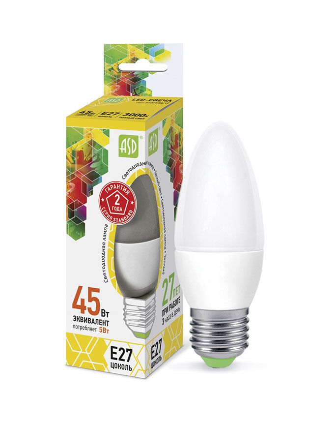 Светодиодная лампа ASD Standard свеча LED 5W C37 E27 3000K (матовая)