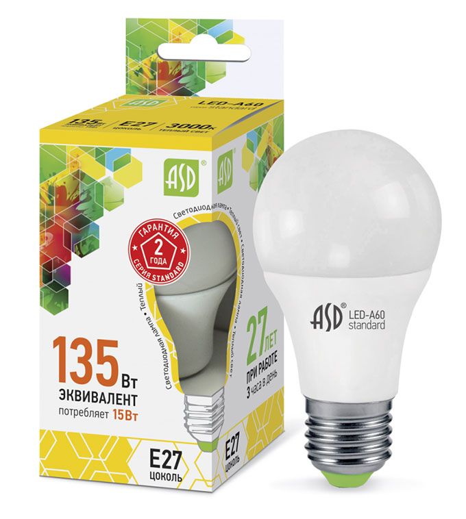 Светодиодная лампа ASD Standard ЛОН LED 15W A65 E27 3000K (матовая)