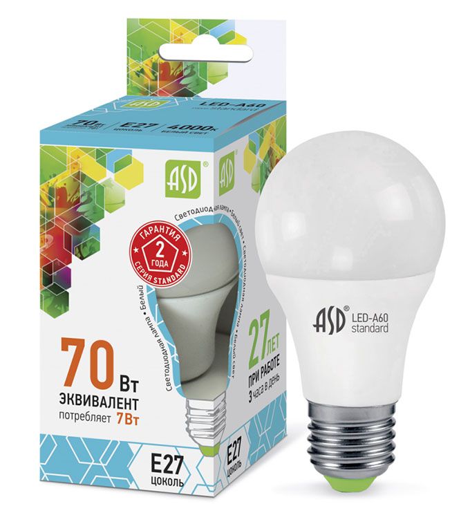 Светодиодная лампа ASD Standard ЛОН LED 7W A60 E27 4000K (матовая)