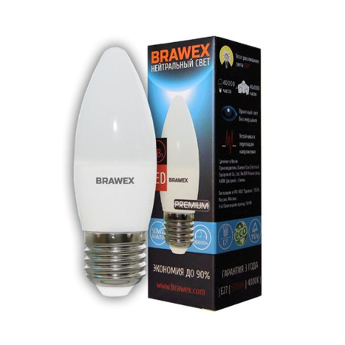 Светодиодная лампа BRAWEX Premium свеча LED 6W E27 4000K