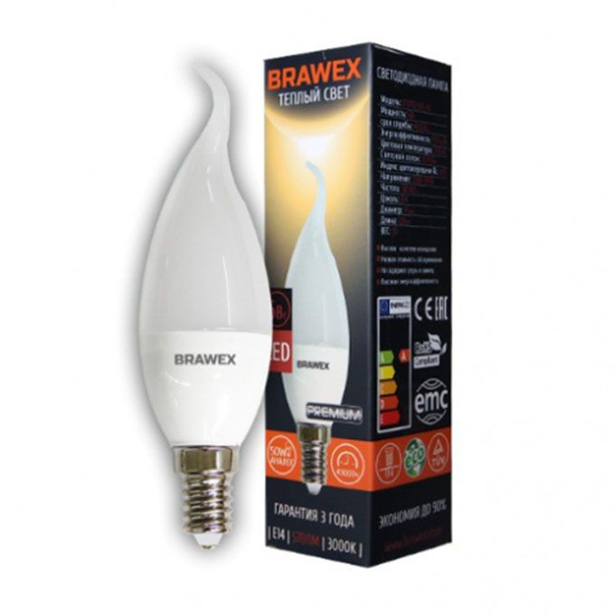 Светодиодная лампа BRAWEX Premium свеча на ветру LED 6W E14 3000K