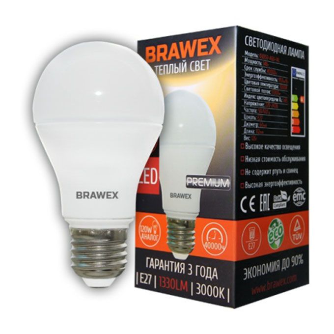Светодиодная лампа BRAWEX Premium в форме шара LED 14W A60 E27 3000K