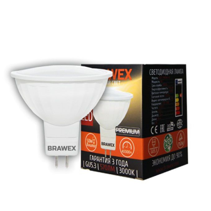 Светодиодная лампа BRAWEX Premium рефлектор MR16 LED 6W GU5.3 3000K