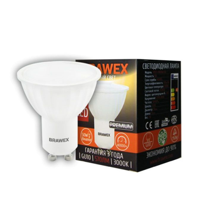 Светодиодная лампа BRAWEX Premium рефлектор GU10 LED 6W 3000K