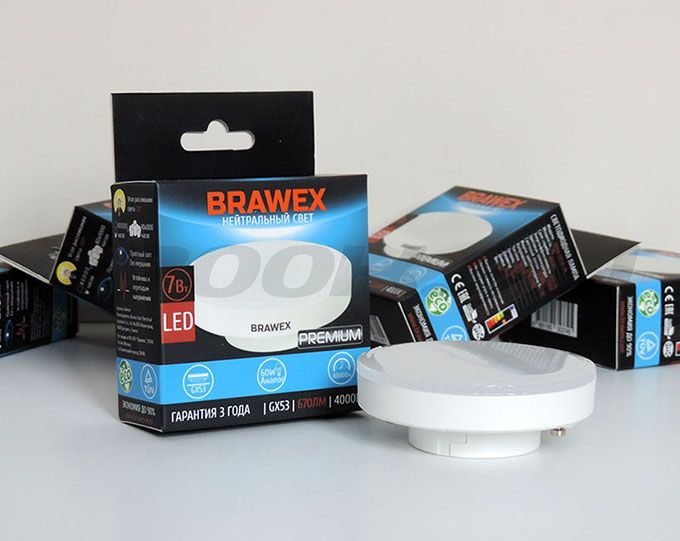 Светодиодная лампа BRAWEX Premium в форме таблетки LED GX53 7W 
4000K