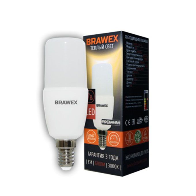 Светодиодная лампа BRAWEX Premium в форме цилиндра LED T7 E14 7W 3000K