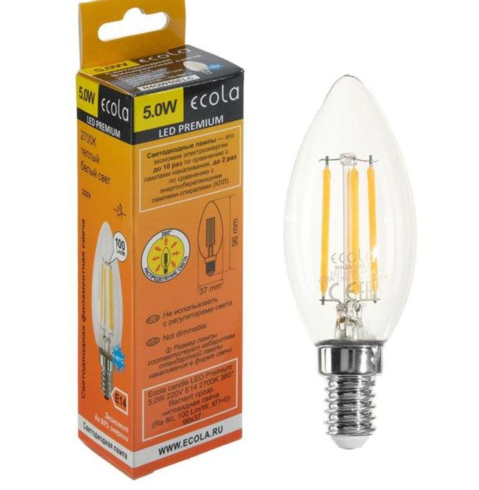 Светодиодная лампа Ecola в форме свечи LED Premium 5W E14 (прозрачная) с нитевым излучателем 2700K