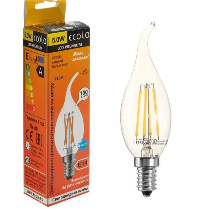 Светодиодная лампа Ecola в форме свечи на ветру LED Premium 5W E14 (прозрачная) с нитевым излучателем 2700K