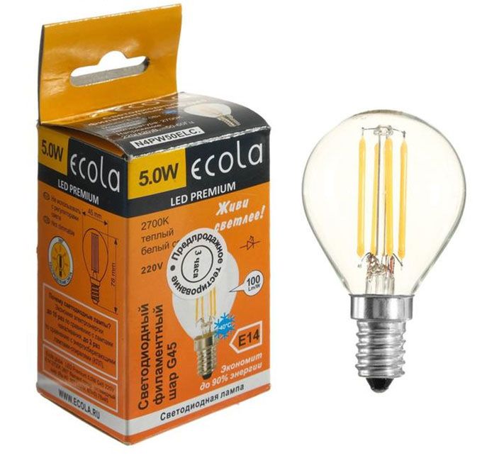 Светодиодная лампа Ecola в форме шара LED Premium 5W G45 E14 (прозрачная) с нитевым излучателем 2700K