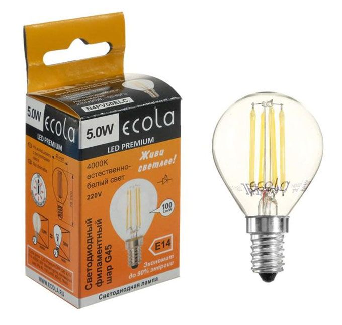 Светодиодная лампа Ecola в форме шара LED Premium 5W G45 E14 (прозрачная) с
нитевым излучателем 4000K