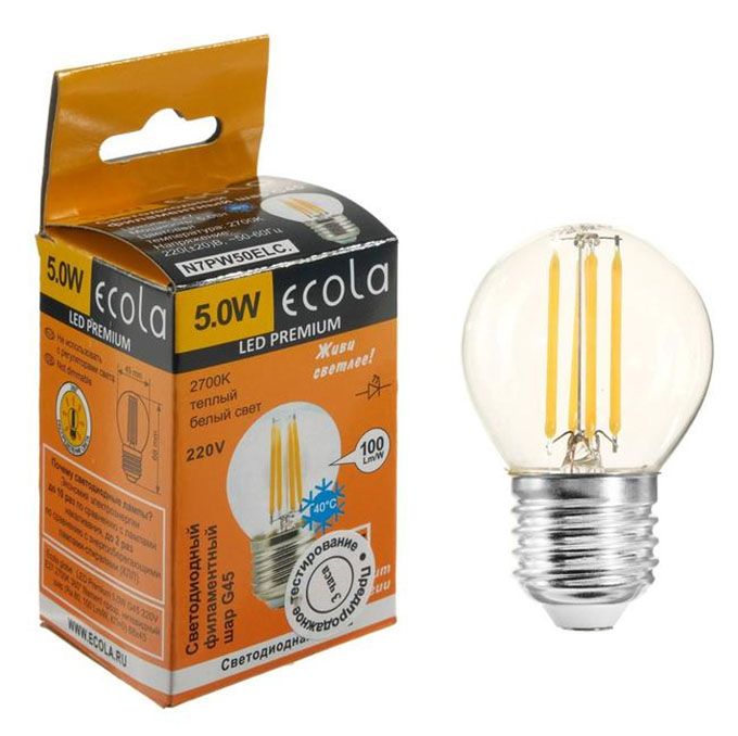 Светодиодная лампа Ecola в форме шара LED Premium 5W G45 E27 (прозрачная) с нитевым излучателем 2700K