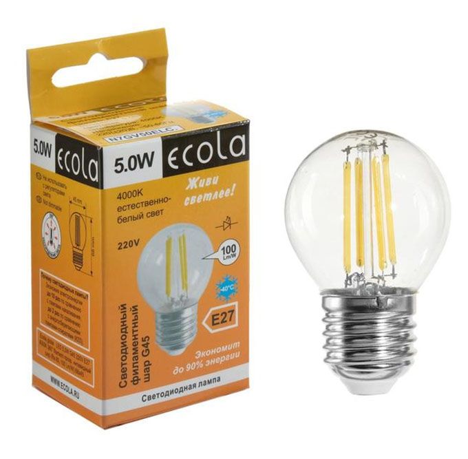 Светодиодная лампа Ecola в форме шара LED 5W G45 E27 (прозрачная) с нитевым излучателем 4000K