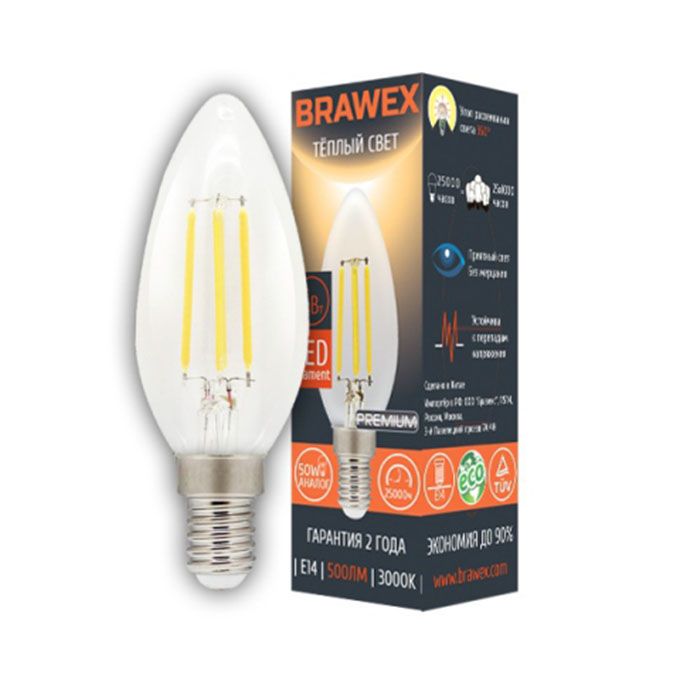 Светодиодная лампа BRAWEX Premium в форме свечи LED 5W E14 (прозрачная) с
нитевым излучателем 3000K