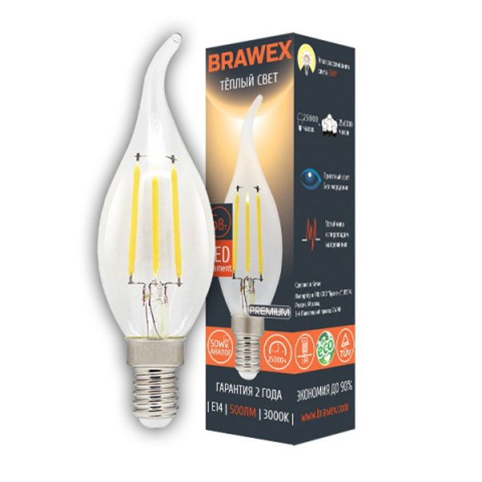 Светодиодная лампа BRAWEX Premium в форме свечи на ветру LED 5W E14
(прозрачная) с нитевым излучателем 3000K