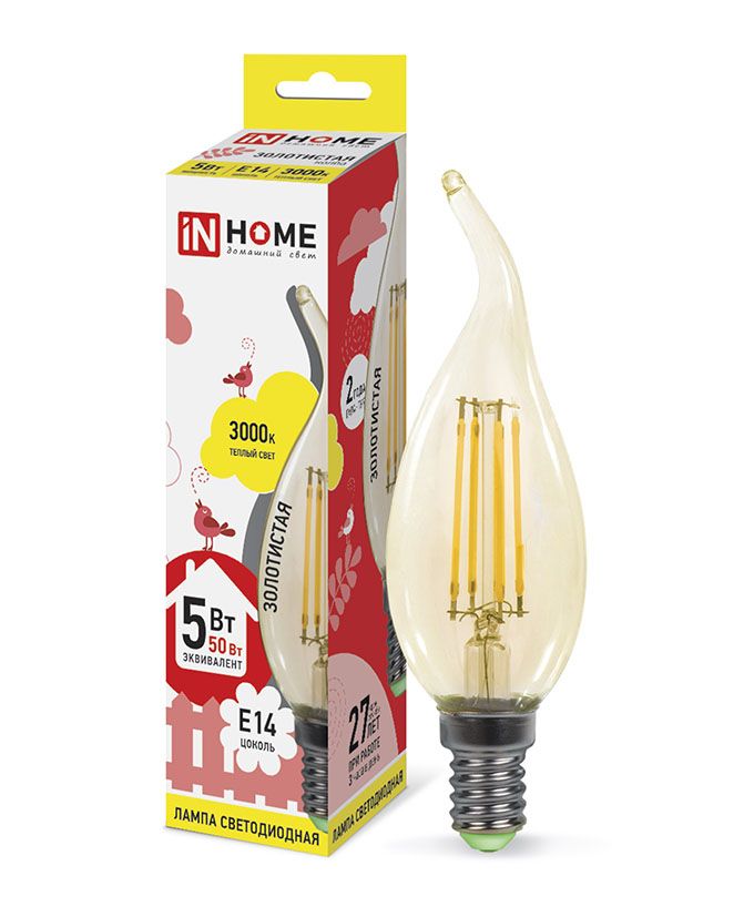Светодиодная лампа IN HOME Deco в форме свечи на ветру LED 5W CW37 E14 золотистая (прозрачная) с нитевым излучателем