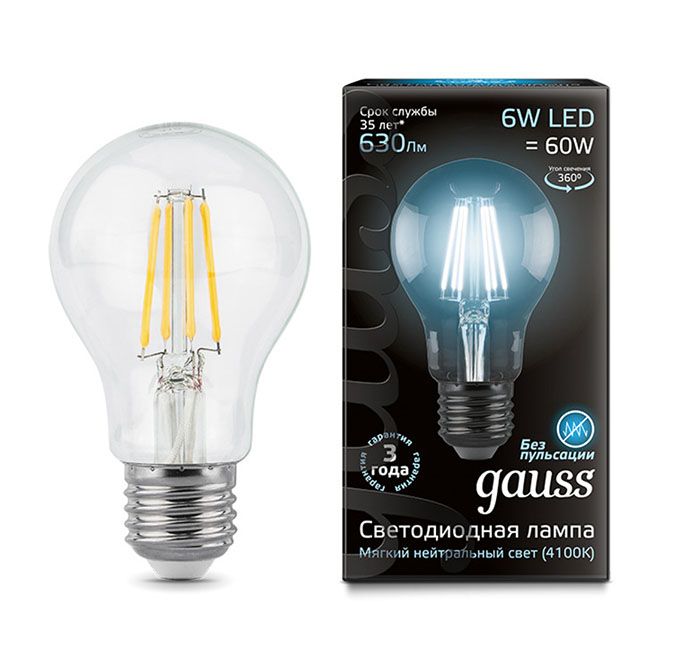 Светодиодная лампа Gauss Filament в форме шара LED 6W A60 E27 (прозрачная) с нитевым излучателем 4000K