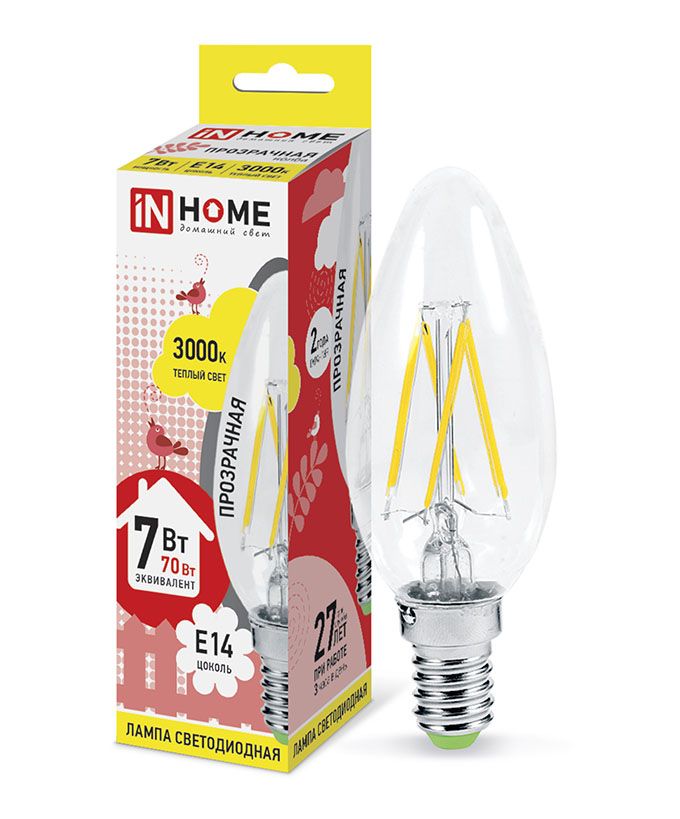 Светодиодная лампа IN HOME Deco в форме свечи LED 7W C37 E14 3000K (прозрачная) с нитевым излучателем