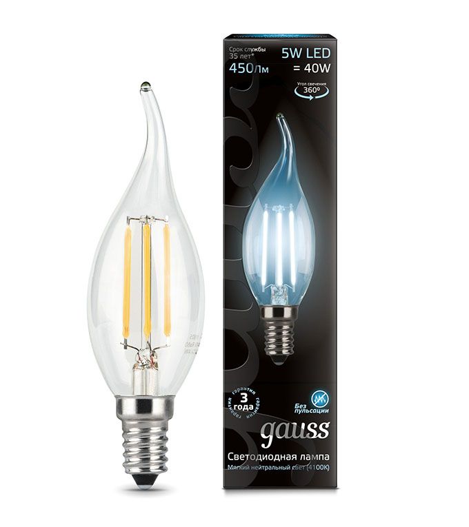 Светодиодная лампа Gauss Filament в форме свечи на ветру LED 5W E14 (прозрачная) с нитевым излучателем 4100K