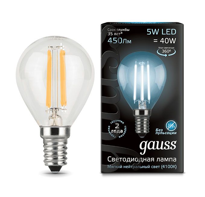 Светодиодная лампа Gauss Filament в форме шара LED 5W E14 (прозрачная) с нитевым излучателем 4100K