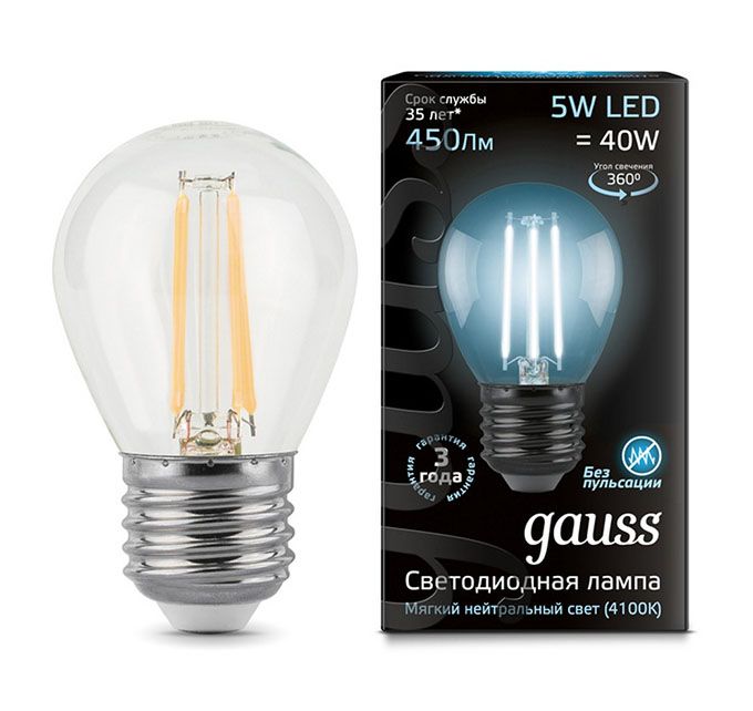 Светодиодная лампа Gauss Filament в форме шара LED 5W E27 (прозрачная) с нитевым излучателем 4100K