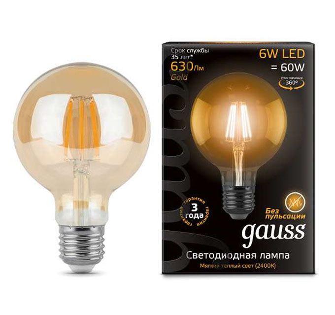 Светодиодная лампа Gauss Filament в форме шара LED 6W E27 (прозрачная) с
нитевым излучателем золотистая 2400K