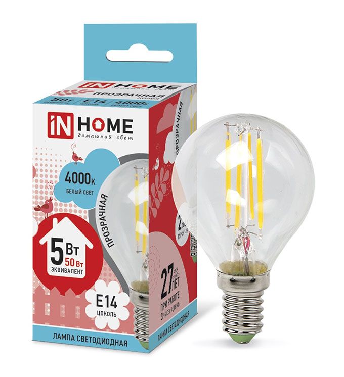 Светодиодная лампа IN HOME Deco в форме шара LED 5W G45 E14 4000K (прозрачная) с нитевым излучателем