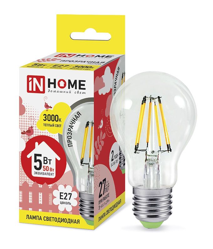 Светодиодная лампа IN HOME Deco в форме шара LED 5W A60 E27 3000K (прозрачная) с нитевым излучателем