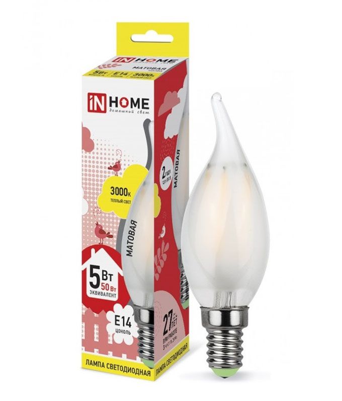 Светодиодная лампа IN HOME Deco в форме свечи на ветру LED 7W CW37 E14 3000K
(матовая) с нитевым излучателем