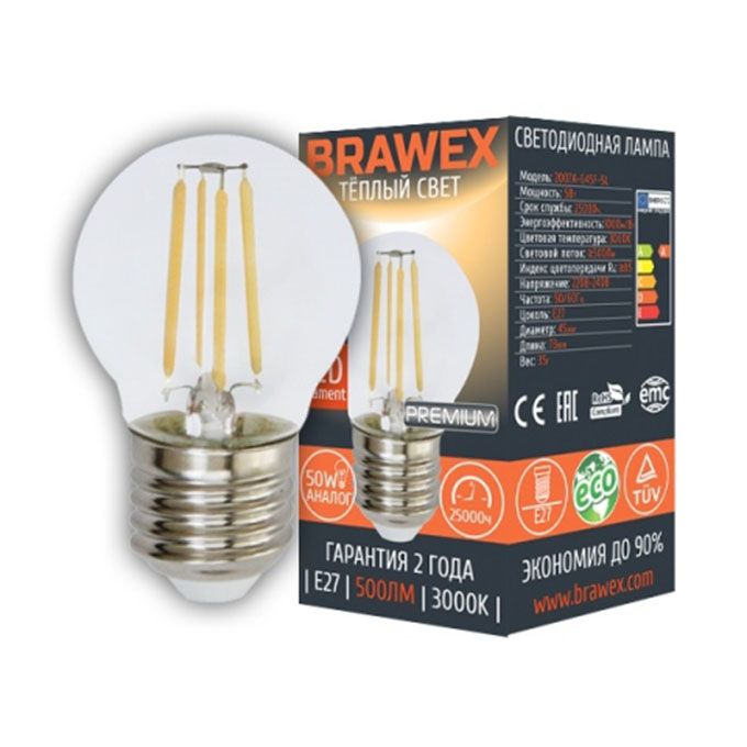 Светодиодная лампа BRAWEX Premium в форме шара LED G45 5W E27 (прозрачная) с
нитевым излучателем 3000K