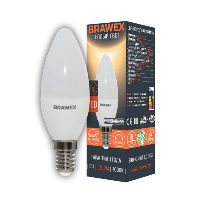Светодиодная лампа BRAWEX Premium свеча LED 7W E14 3000K