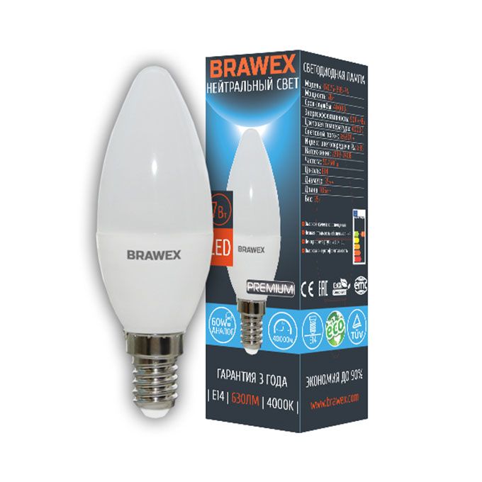 Светодиодная лампа BRAWEX Premium свеча LED 7W E14 4000K