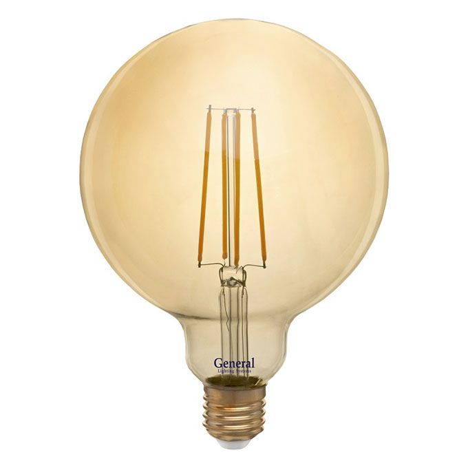 Светодиодная ретро лампа General в форме шара LED 10W G125 E27 (прозрачная) золотистая с нитевым излучателем