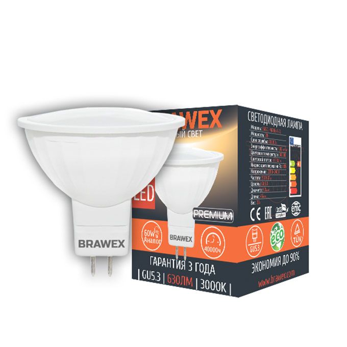 Светодиодная лампа BRAWEX Premium рефлектор MR16 LED 7W GU5.3 3000K