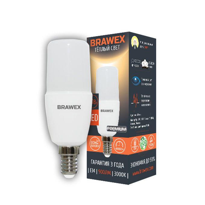 Светодиодная лампа BRAWEX Premium в форме цилиндра LED T7 E14 10W 3000K