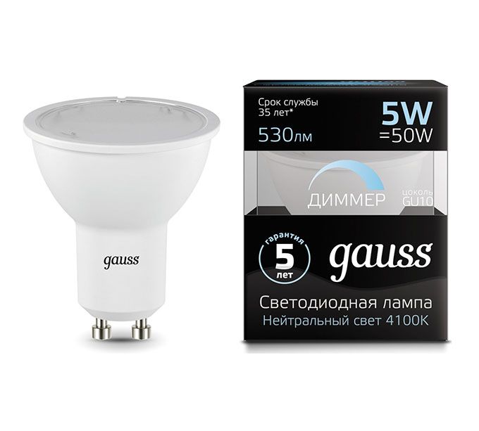 Диммируемая светодиодная лампа Gauss GU10 LED 5W (прозрачная) 4100K