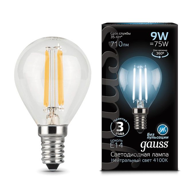 Филаментная светодиодная лампа Gauss в форме шара LED 9W G45 E14 (прозрачная) 4100K