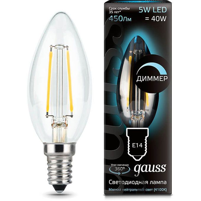 Диммируемая светодиодная лампа Gauss свеча LED 5W E14 (прозрачная) 4100K