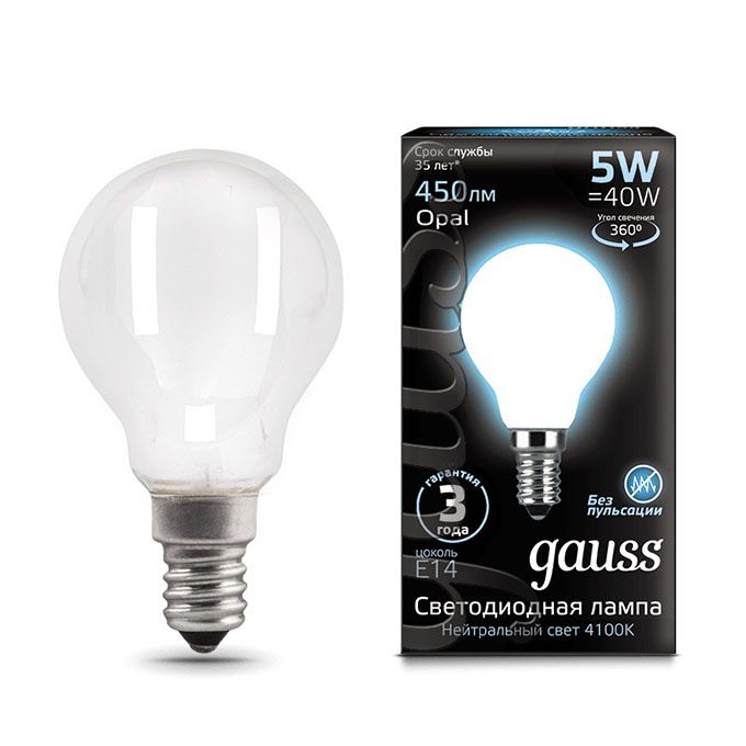 Филаментная светодиодная лампа Gauss шар LED 5W G45 E14 (матовая) 4100K