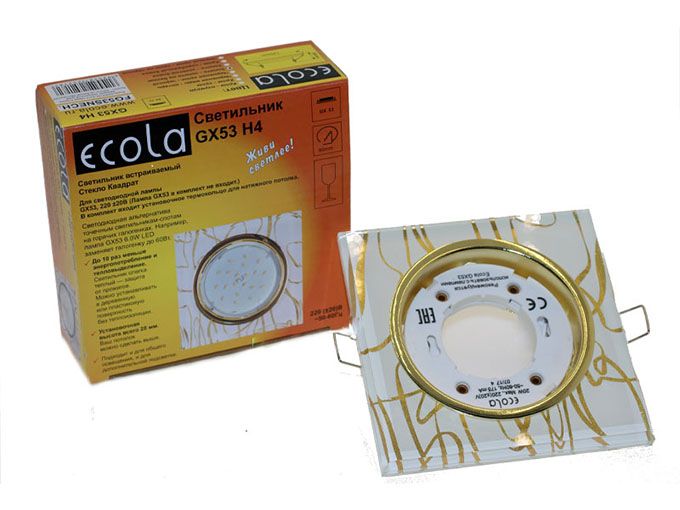 Встраиваемый светильник Ecola GX53 H4 LD5311 Glass золото с подсветкой и квадратной вкладкой золото на белом