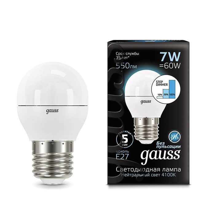 Светодиодная лампа Gauss шар LED 7W G45 E27 со ступенчатым диммированием (матовая) 4100K
