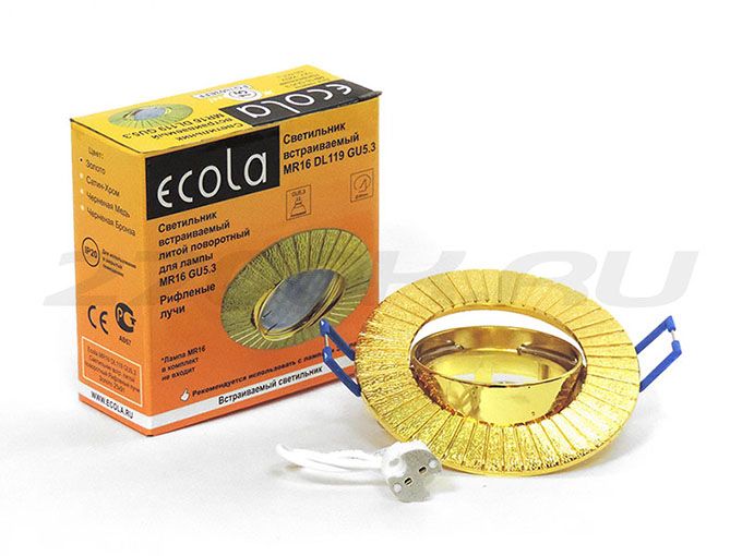 Встраиваемый поворотный светильник Ecola MR16 DL119 GU5.3 рифленые лучи золото