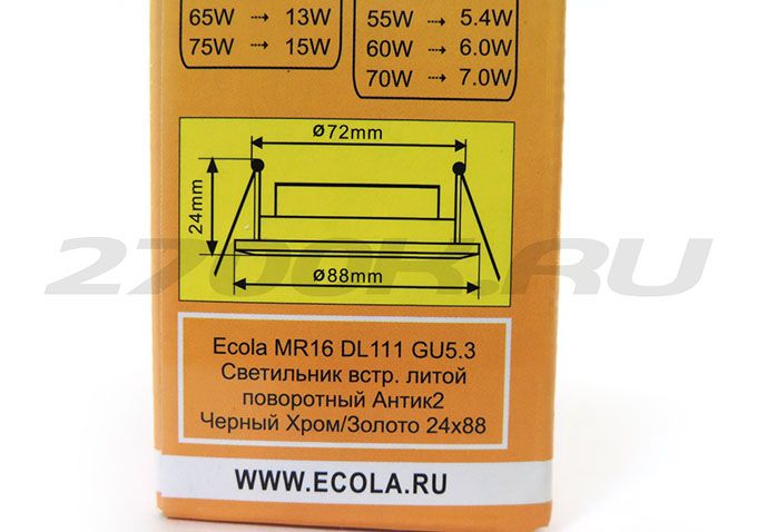 Ecola MR16 DL111 GU5.3 Светильник встр. литой поворотный Антик2 Черный 
Хром/
Золото 24x88