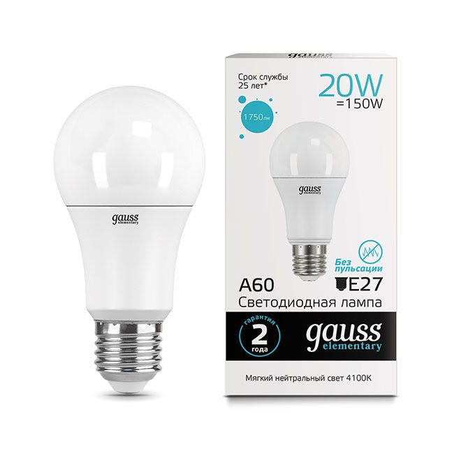 Светодиодная лампа Gauss Elementary в форме шара ЛОН LED 20W E27 4100K