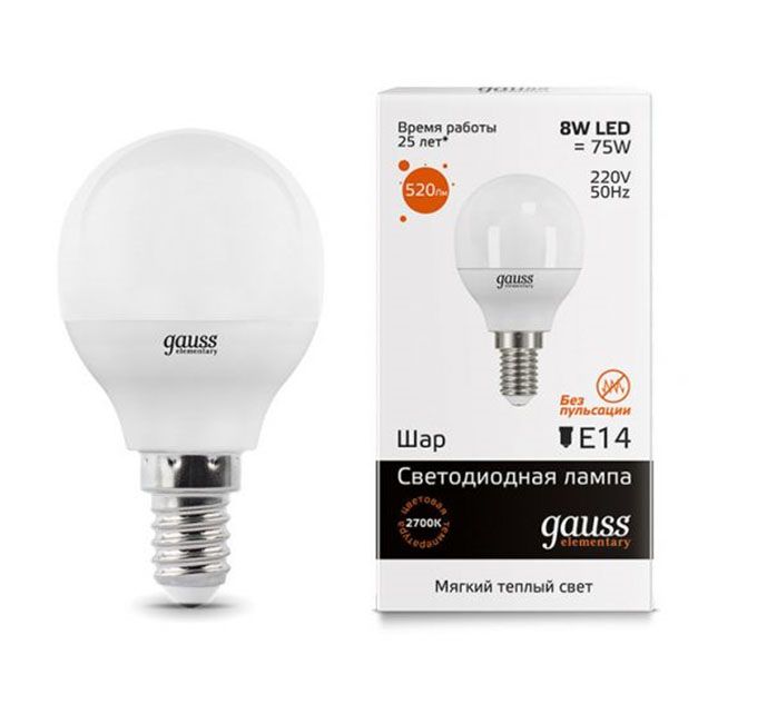 Светодиодная лампа Gauss Elementary в форме шара LED 8W E14 2700K